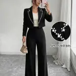 طقم بدلة قصيرة جديدة فاخرة من الخرز للخريف 2026، جاكيت قصير وبنطلون واسع بقصة عالية بتصميم دрапيه، طقم من قطعتين مناسب للمكتب وحفلات الهالوين