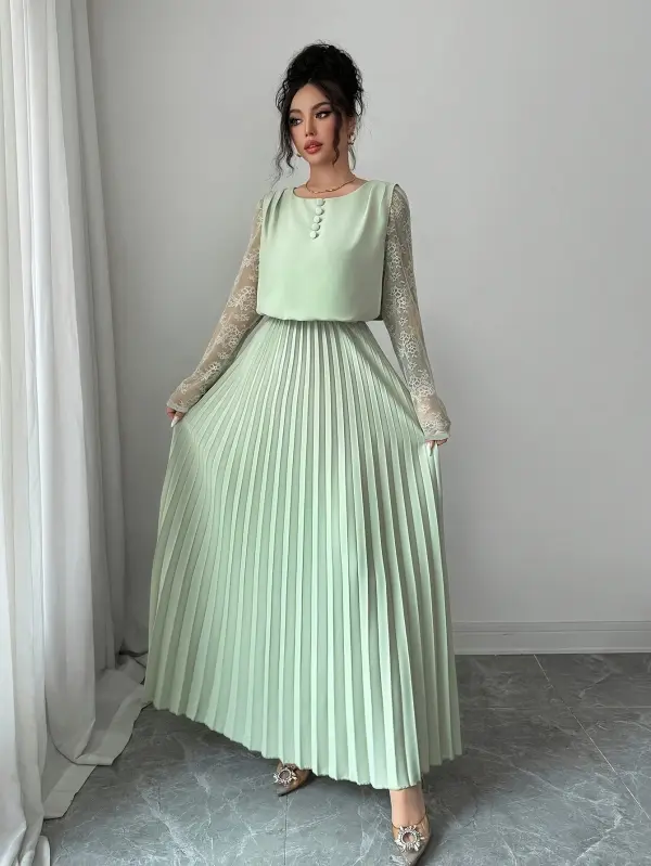 فستان ماكسي نسائي بأكمام طويلة وياقة دائرية وثنيات دانتيل أنيقة بلون سادة لفصلي الخريف/الشتاء، مناسب للتجمعات والمناسبات الرسمية والحفلات والعطلات والتنقل والتسوق والسفر