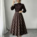 فستان نسائي بتصميم ريترو بلون القهوة، ياقة متوسطة، أكمام مقصوفة، تزيين بتلطخات، تنورة كاملة مع حزام، فستان خريف/شتاء