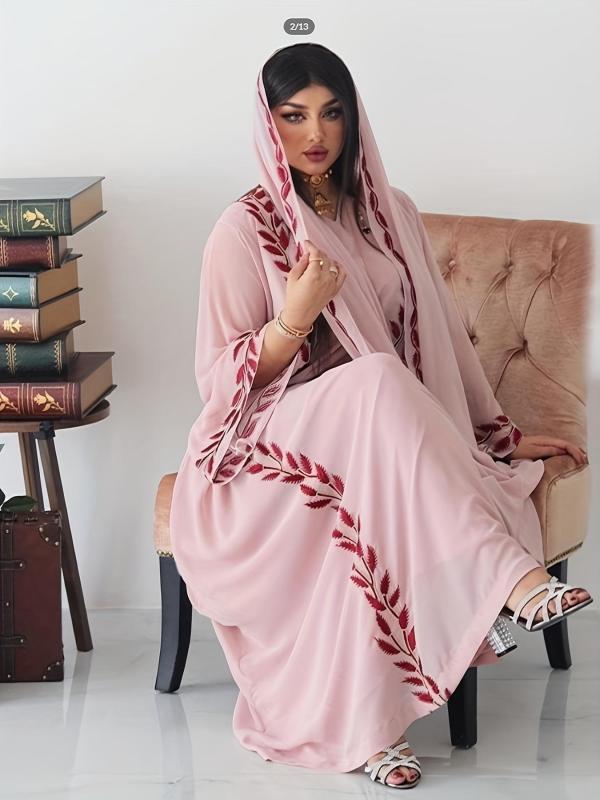 رداء نسائي شرقي طويل الأكمام مطرز باللون الوردي مزدوج الطبقات مع حجاب