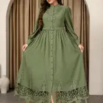 مقاس كبير - فستان حفلات رمضان للمسلمين من الشرق الأوسط، فستان أنيق جديد للخريف بمقاس كبير بياقة واقفة وتطريز، حزام خصر وأكمام منفوخة وحافة من الدانتيل، روب طويل محافظ