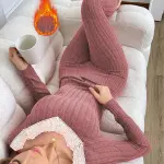 قطعتان بدلة نسائية طويلة الأكمام من الدانتيل والضلوع، دافئة لموسم الخريف والشتاء