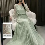 فستان ماكسي نسائي بأكمام طويلة وياقة دائرية وثنيات دانتيل أنيقة بلون سادة لفصلي الخريف/الشتاء، مناسب للتجمعات والمناسبات الرسمية والحفلات والعطلات والتنقل والتسوق والسفر