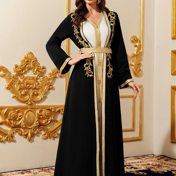قطعتان طقم رداء نسائي طويل الأكمام برقبة على شكل V بتطريز عرقي ورقعة شريط ذهبي - أسلوب دبي عربي