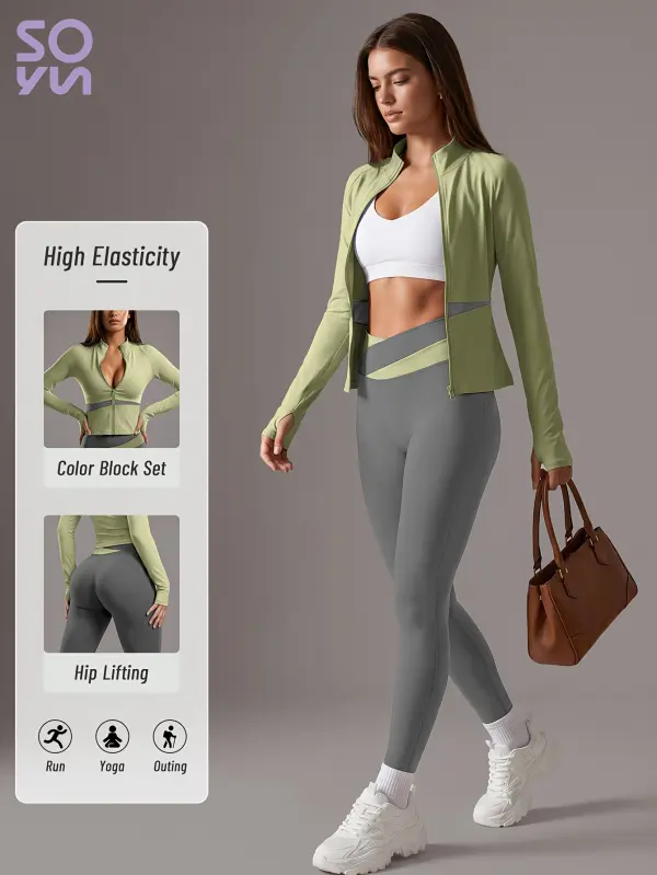 طقم ملابس رياضية نسائية من Soyun مكون من 2 قطعة، جاكيت يوجا مع بنطال طويل بقصة ضيقة، تصميم كارديجان بألوان متباينة، مناسب لليوجا واللياقة البدنية والتنس والجولف، متعدد الاستخدامات للارتداء اليومي، هدية رائعة للعطلات