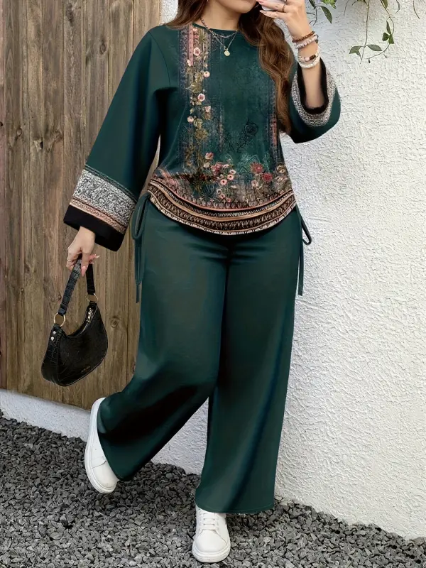 طقم هودي مطبوع للنساء مقاس بلاس سايز