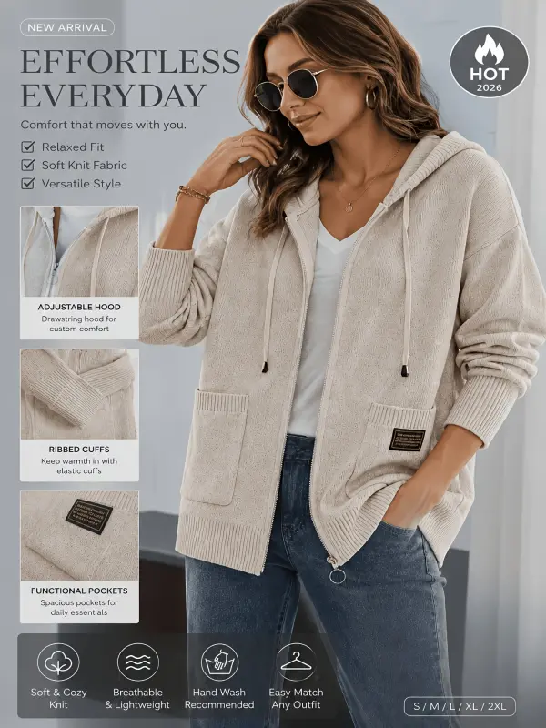 جاكيت كارديجان بغطاء للرأس وسحاب بلون موحد للنساء لربيع 2026
