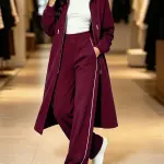طقم نسائي كاجوال قطعتين للنساء 2026 بتصميم ريترو أمريكي، يتضمن جاكيت سويت شيرت طويل بغطاء للرأس، وبنطلون واسع الكتفين بكتف عاري وأكمام طويلة، مناسب للارتداء اليومي في المنزل أو في النزهات