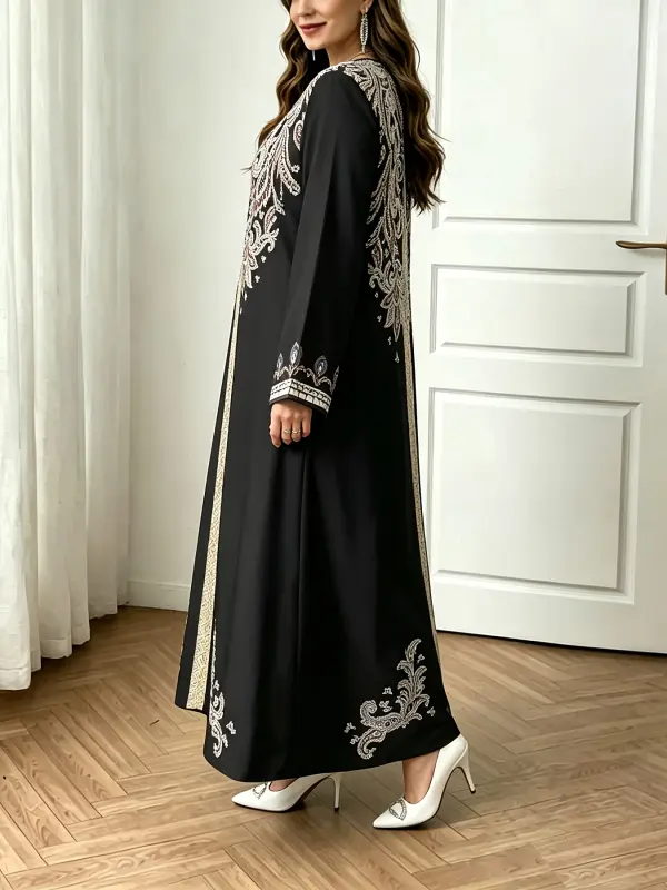 فستان طويل الأكمام فضفاض ومريح للنساء بمقاس كبير، بتصميم عرقي أنيق من الشرق الأوسط لموسم الربيع والخريف، مثالي للتنقل والإجازات (قطعة واحدة)