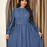 مقاس كبير - فستان حفلات رمضان للمسلمين من الشرق الأوسط، فستان أنيق جديد للخريف بمقاس كبير بياقة واقفة وتطريز، حزام خصر وأكمام منفوخة وحافة من الدانتيل، روب طويل محافظ