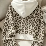 كنزة كارديجان نسائية قصيرة بغطاء رأس وطبعة جلد الفهد عتيقة، سترة جديدة لخريف/شتاء بأربعة أزرار ورباط سحب وأكمام طويلة، بأسلوب كسول فضفاض متعدد الاستخدامات وسميك ودافئ بألوان متباينة ASD1
