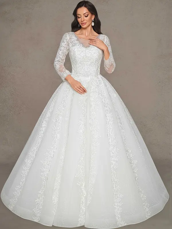 فستان زفاف طويل الأكمام بظهر دانتيل مكشوف مع قطار، تصميم ضيق الخصر، فستان عروس أبيض من الشبك