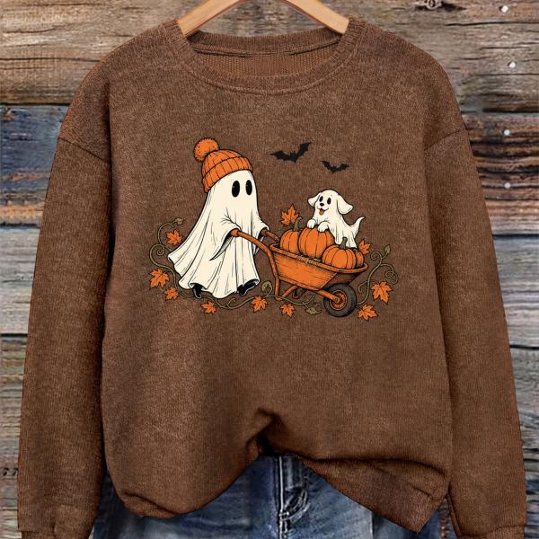 كنزة نسائية للخريف والشتاء، بطبعة "Halloween Ghost Cart Pumpkin Puppy"، ناعمة، متعددة الاستخدامات، بياقة دائرية