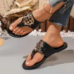 شباشب نسائية مسطحة بزوجة معدنية، صنارة ذهبية منحوتة بإبزيم، أحذية صيفية خارجية للشاطئ، أحذية نسائية
