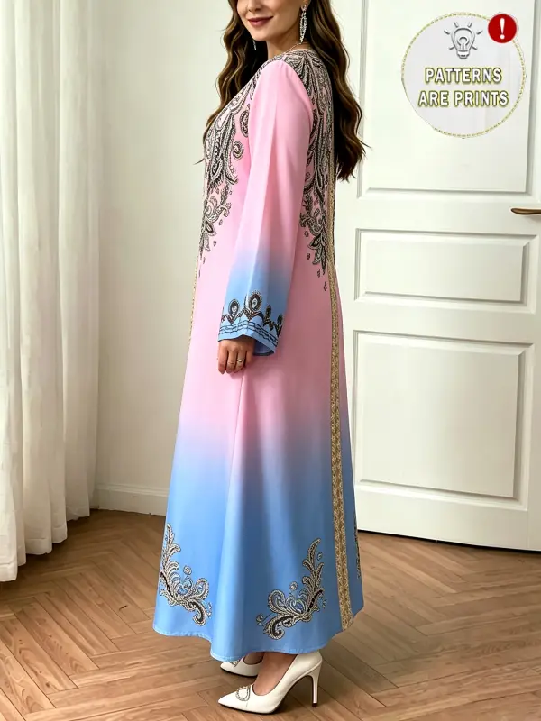فستان طويل الأكمام فضفاض ومريح للنساء بمقاس كبير، بتصميم عرقي أنيق من الشرق الأوسط لموسم الربيع والخريف، مثالي للتنقل والإجازات (قطعة واحدة)